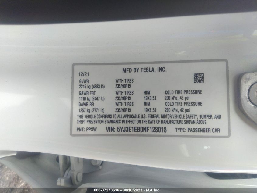 2022 TESLA MODEL 3 - 5YJ3E1EB0NF128018