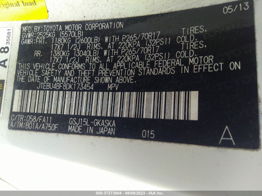 2013 TOYOTA FJ CRUISER JTEBU4BF8DK173454