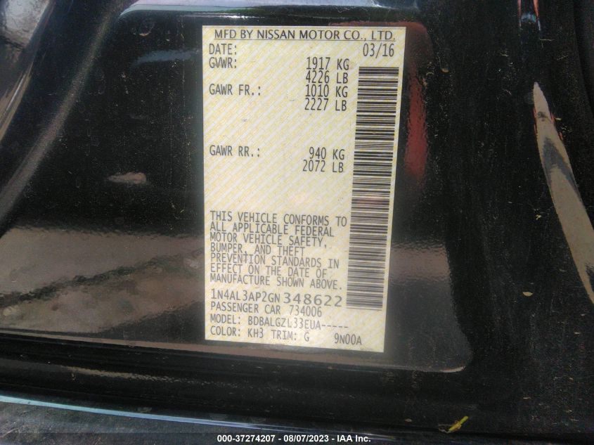 2016 NISSAN ALTIMA 2.5 - 1N4AL3AP2GN348622