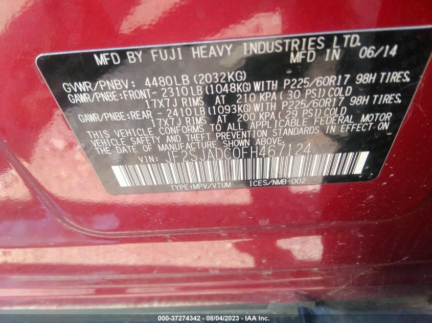 2015 SUBARU FORESTER 2.5I PREMIUM - JF2SJADC0FH467124