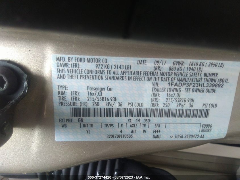 2017 FORD FOCUS SE - 1FADP3F23HL339892