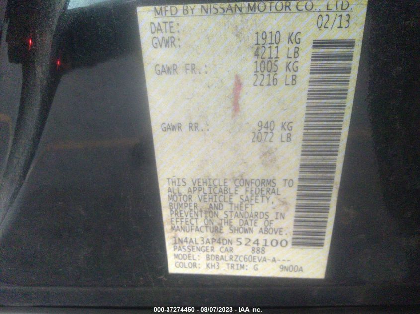 2013 NISSAN ALTIMA 2.5 S - 1N4AL3AP4DN524100
