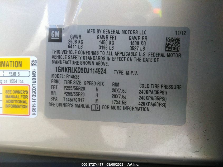 2013 CHEVROLET TRAVERSE LTZ - 1GNKRLKD5DJ114924