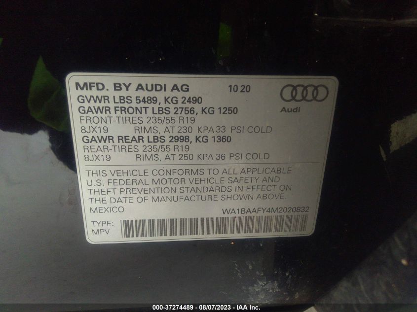 WA1BAAFY4M2020832 2021 AUDI Q5, photo no. 9