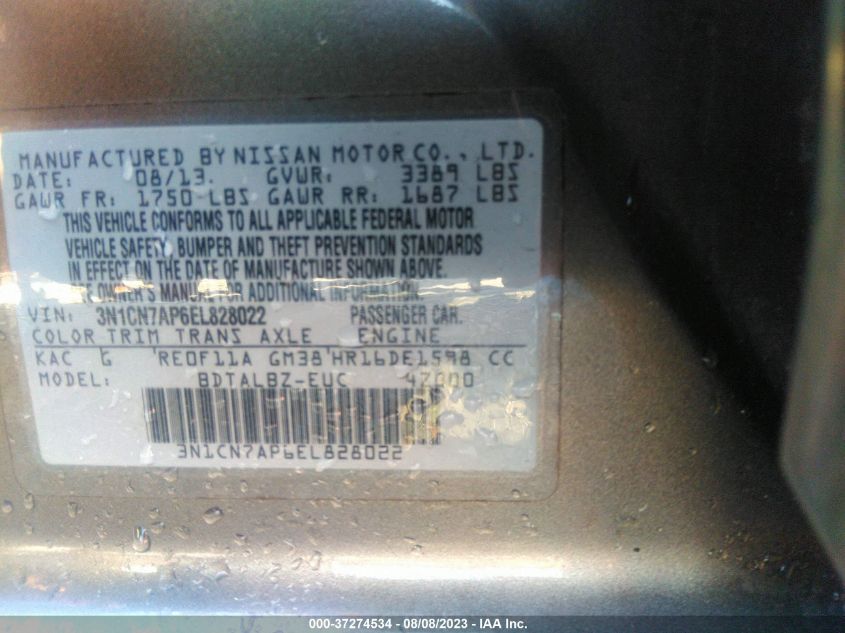 2014 NISSAN VERSA SV - 3N1CN7AP6EL828022