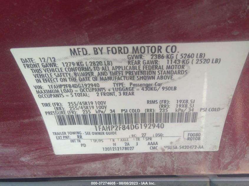 1FAHP2F84DG192940 | 2013 FORD TAURUS