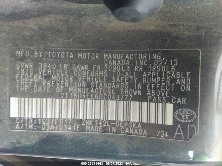 2013 TOYOTA COROLLA S - 2T1BU4EE6DC043777