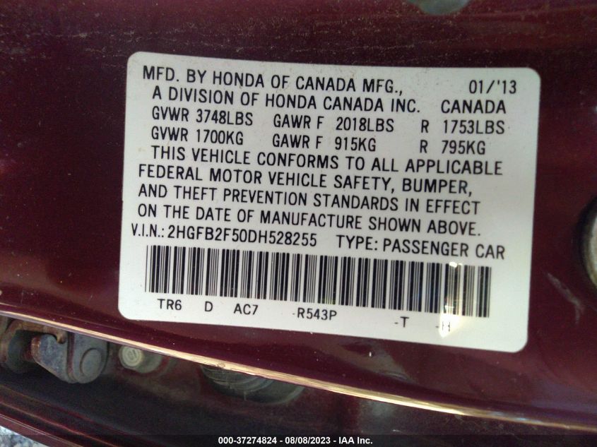 2013 HONDA CIVIC SDN LX - 2HGFB2F50DH528255