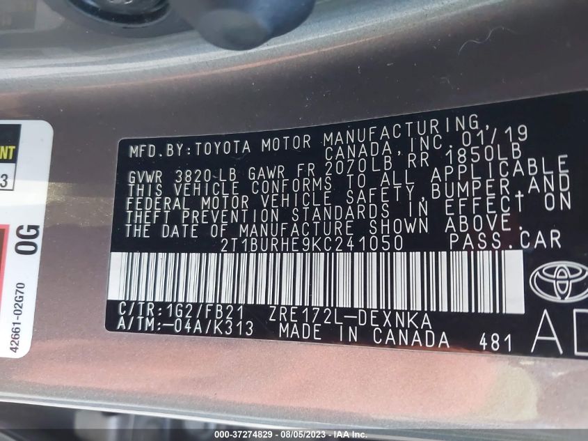 2019 TOYOTA COROLLA L/LE/SE/XLE/XSE - 2T1BURHE9KC241050