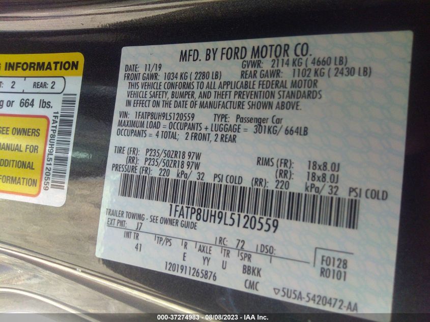 2020 FORD MUSTANG ECOBOOST - 1FATP8UH9L5120559