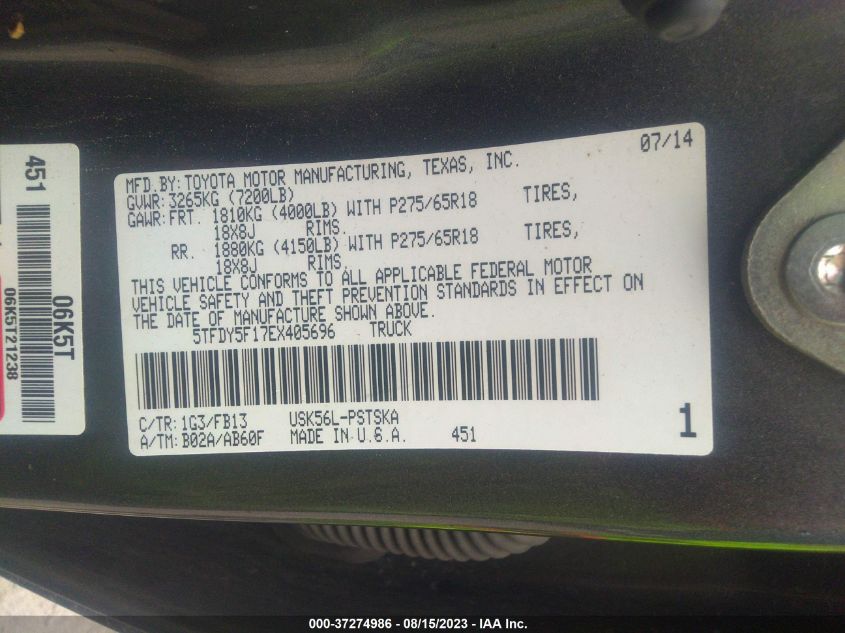 2014 TOYOTA TUNDRA 4WD TRUCK SR5 5TFDY5F17EX405696