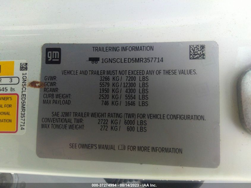 2021 CHEVROLET TAHOE C1500 - 1GNSCLED5MR357714