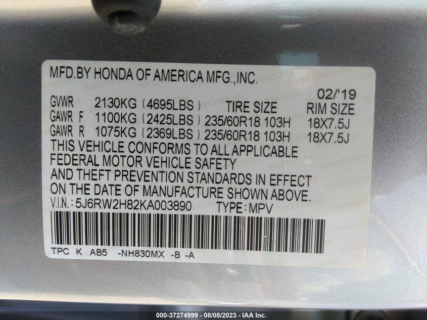 VIN 5J6RW2H82KA003890 2019 HONDA CR-V EX-L