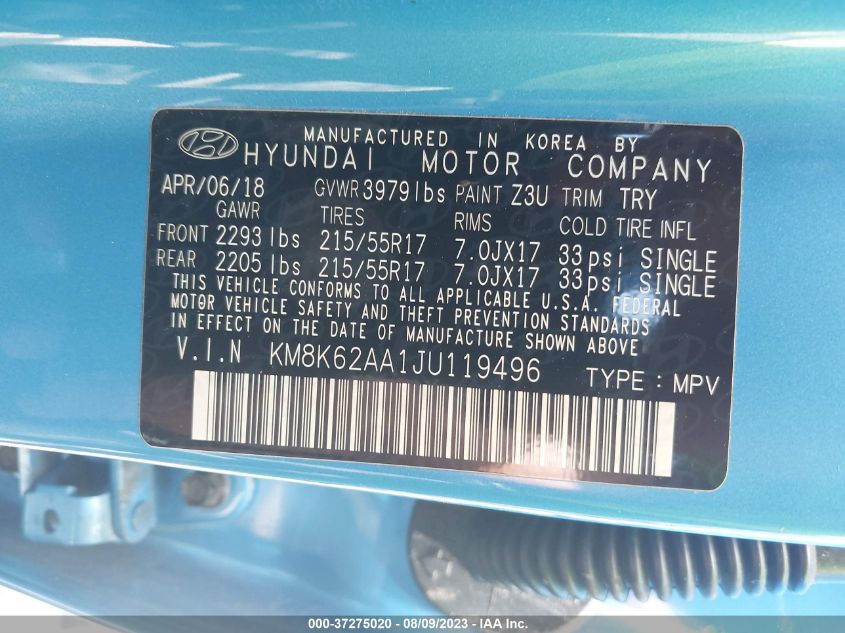 2018 HYUNDAI KONA SEL - KM8K62AA1JU119496