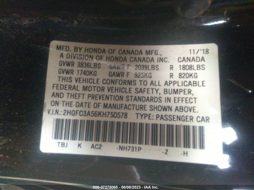 2019 HONDA CIVIC SI COUPE 2HGFC3A56KH750578