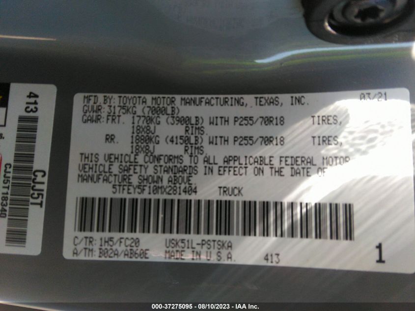 2021 TOYOTA TUNDRA 2WD SR5 5TFEY5F10MX281404