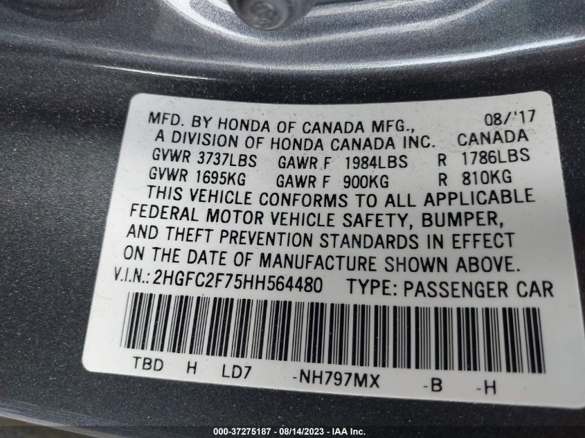 2017 HONDA CIVIC SEDAN EX - 2HGFC2F75HH564480