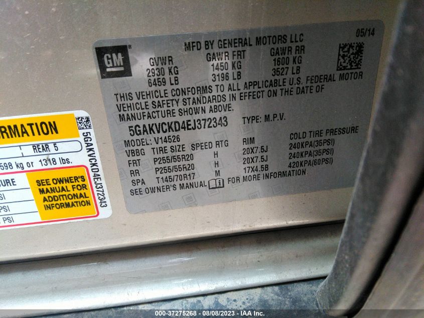 2014 BUICK ENCLAVE PREMIUM - 5GAKVCKD4EJ372343