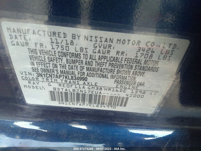 2019 NISSAN VERSA SEDAN SV - 3N1CN7AP7KL834990