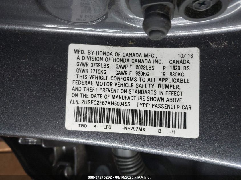 2HGFC2F67KH500455 Honda Civic Sedan LX 9