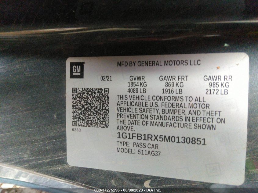 2021 CHEVROLET CAMARO 1LS - 1G1FB1RX5M0130851