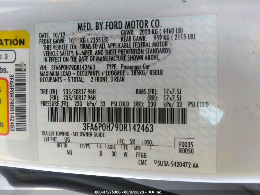 2013 FORD FUSION SE - 3FA6P0H79DR142463