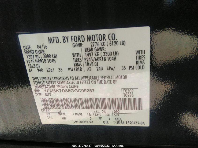 2016 FORD EXPLORER XLT 1FM5K7D88GGC99257