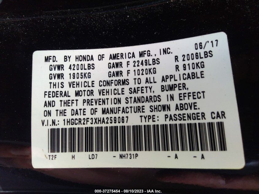 2017 HONDA ACCORD SEDAN LX - 1HGCR2F3XHA259067
