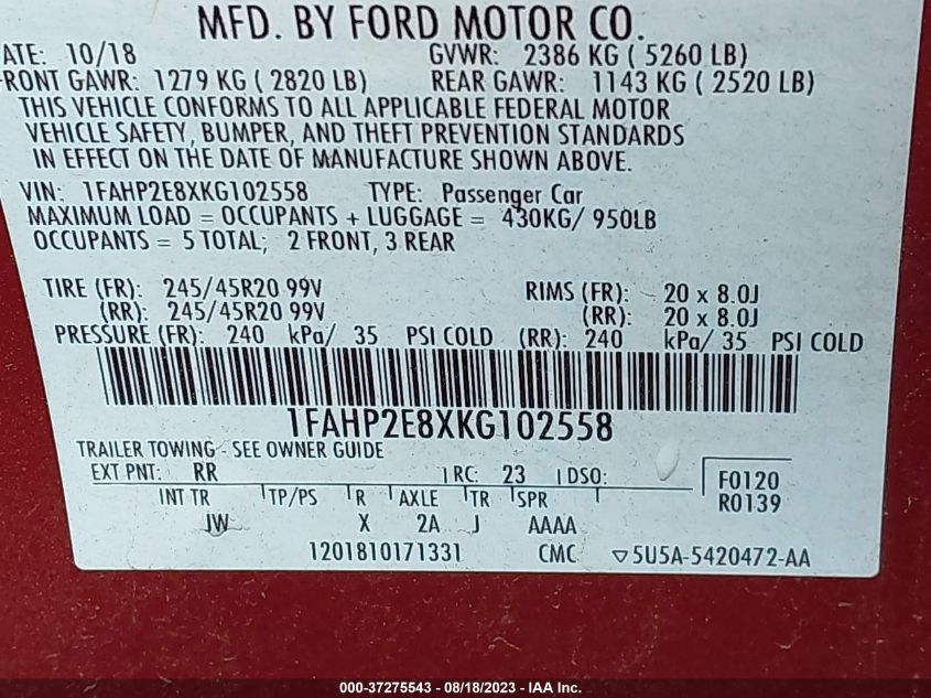 2019 FORD TAURUS SEL - 1FAHP2E8XKG102558