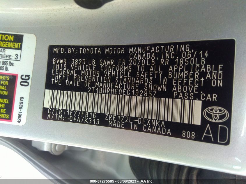 2014 TOYOTA COROLLA L/LE/S/S PLUS/LE PLUS - 2T1BURHE0EC192857