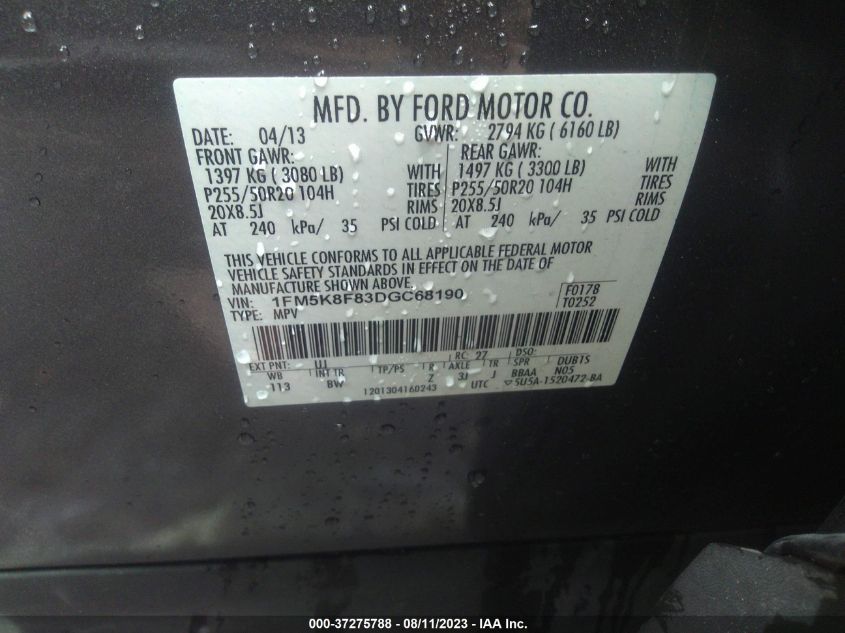 2013 FORD EXPLORER LIMITED - 1FM5K8F83DGC68190
