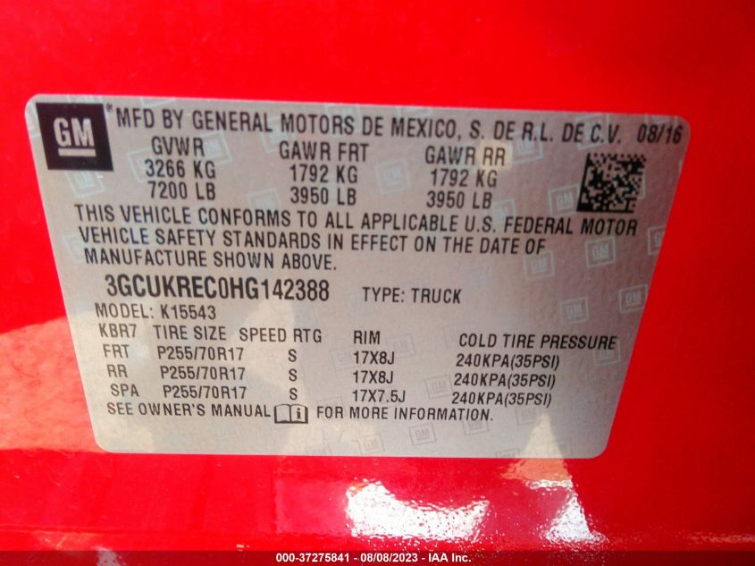 2017 CHEVROLET SILVERADO 1500 LT - 3GCUKREC0HG142388