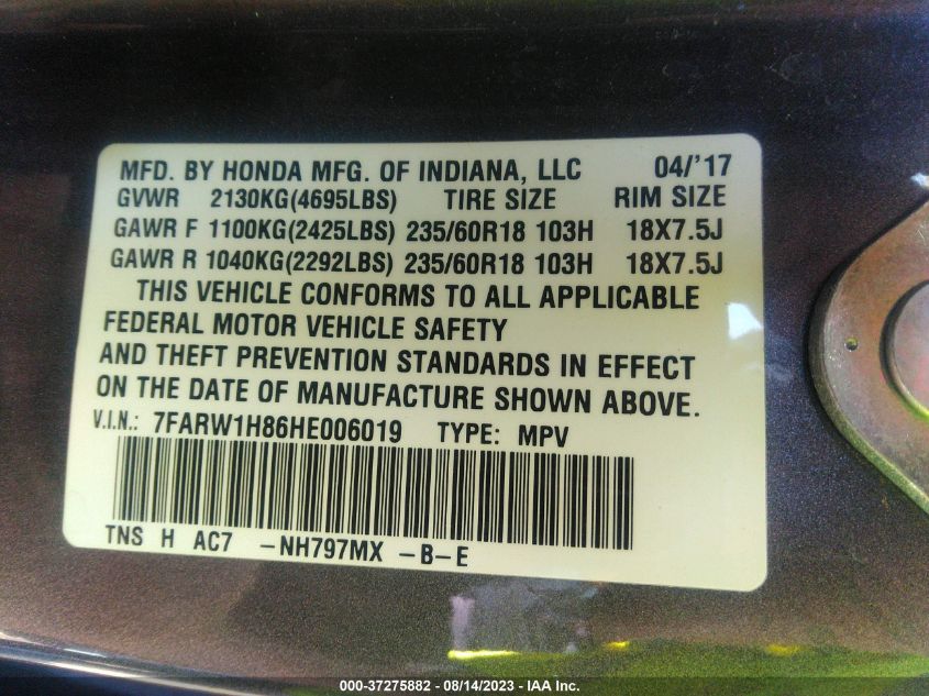 2017 HONDA CR-V EX-L - 7FARW1H86HE006019