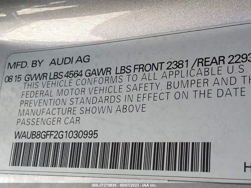 2016 AUDI A3 2.0T PREMIUM - WAUB8GFF2G1030995