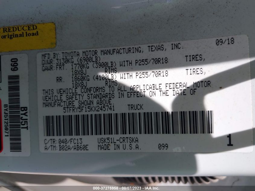 2019 TOYOTA TUNDRA 2WD SR/SR5/LIMITED 5TFRY5F15KX245741