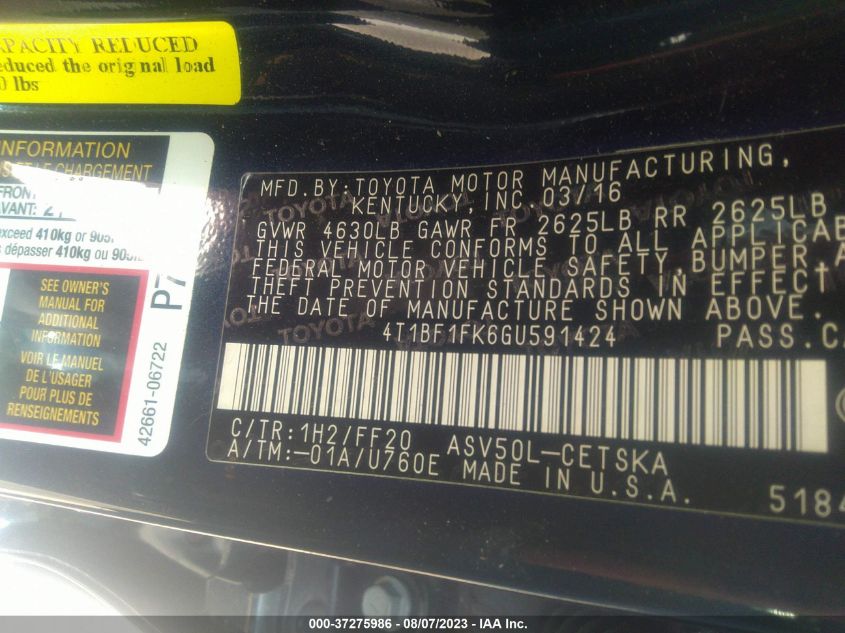 2016 TOYOTA CAMRY XLE/SE/LE/XSE - 4T1BF1FK6GU591424