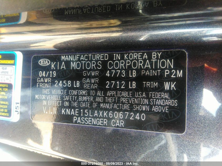 2019 KIA STINGER BASE - KNAE15LAXK6067240
