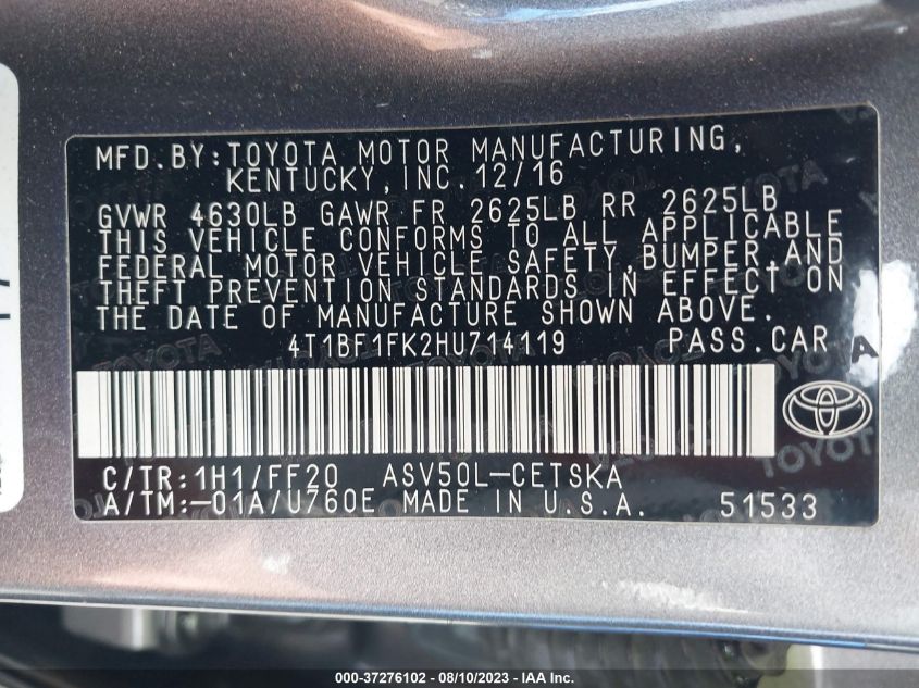 2017 TOYOTA CAMRY XLE/SE/LE/XSE - 4T1BF1FK2HU714119