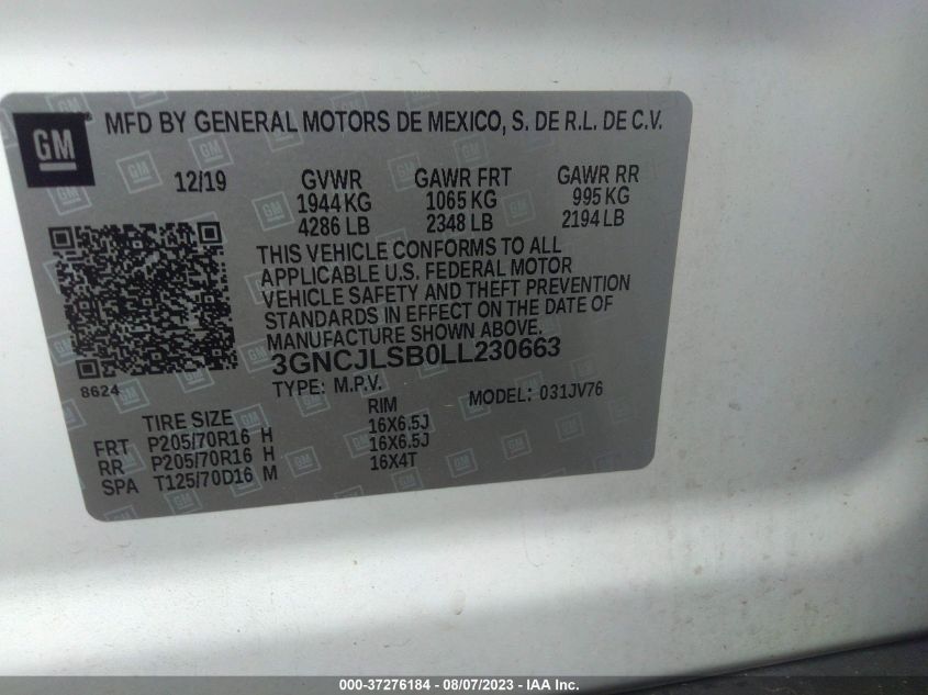 2020 CHEVROLET TRAX LT - 3GNCJLSB0LL230663