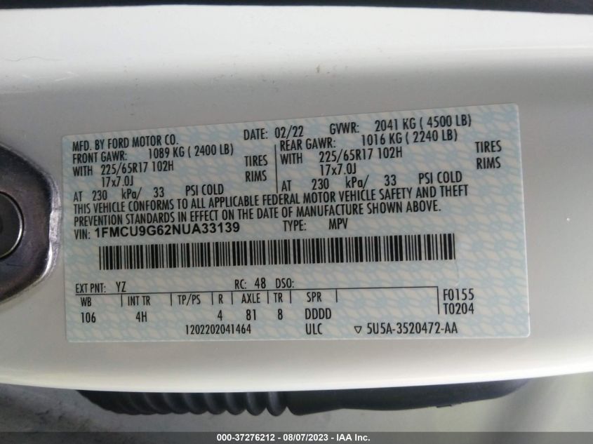 2022 FORD ESCAPE SE - 1FMCU9G62NUA33139