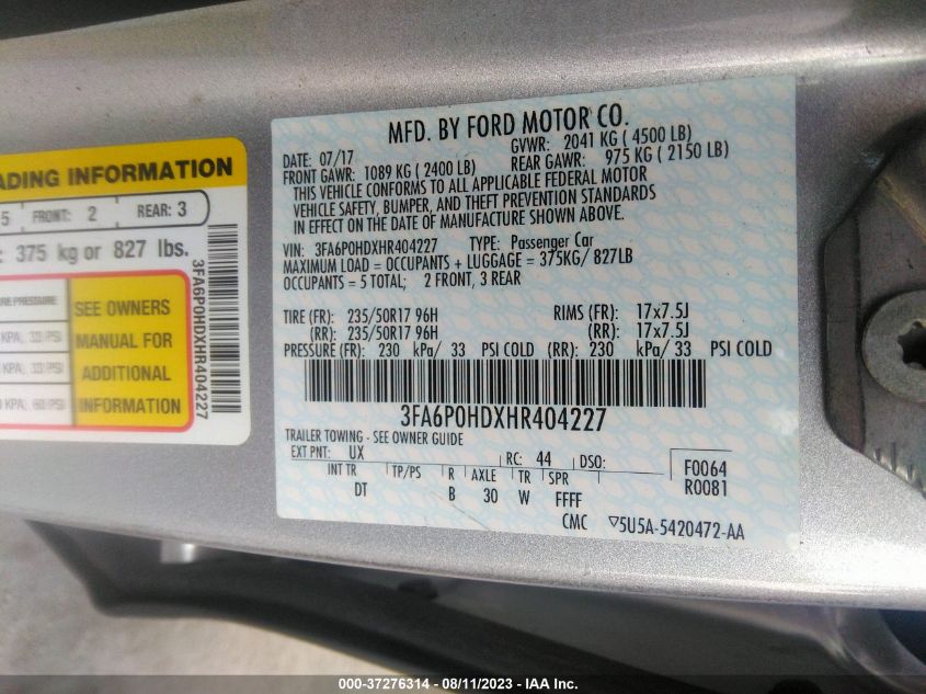 2017 FORD FUSION SE - 3FA6P0HDXHR404227