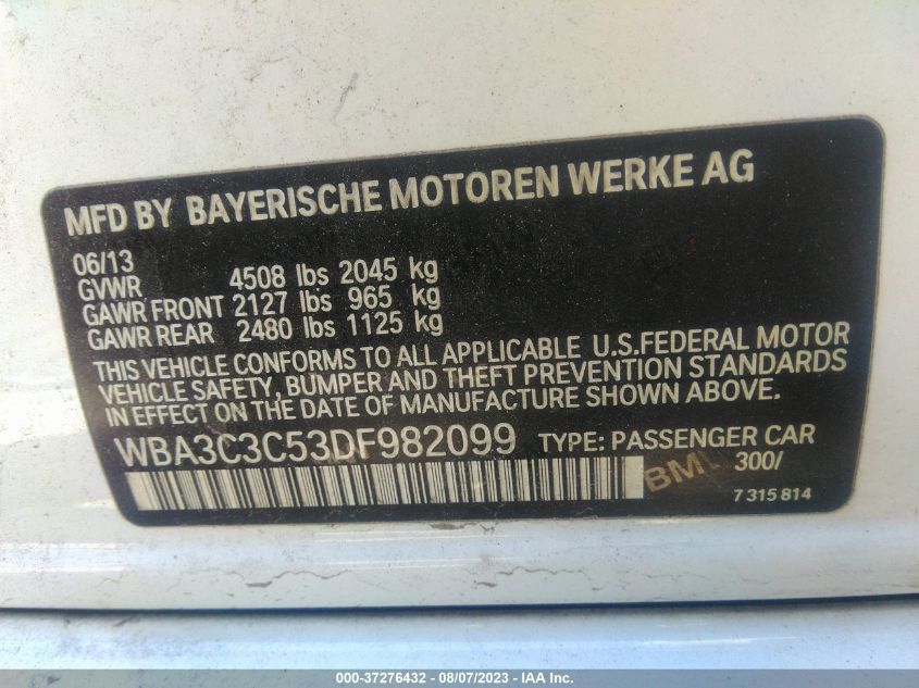 2013 BMW 3 SERIES 320I XDRIVE - WBA3C3C53DF982099