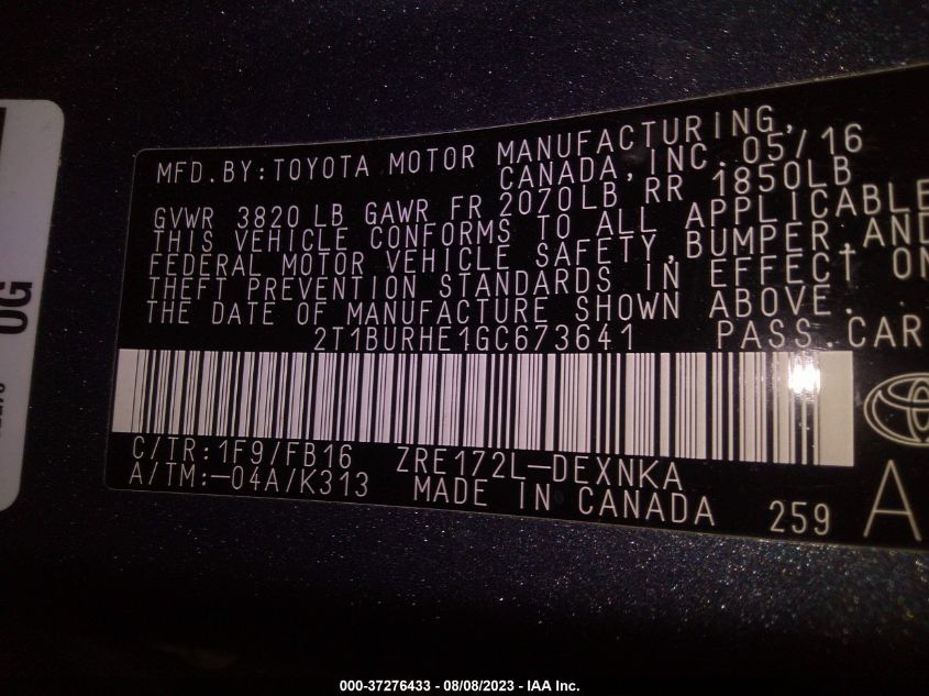 2016 TOYOTA COROLLA L/LE/S/S PLUS/LE PLUS - 2T1BURHE1GC673641