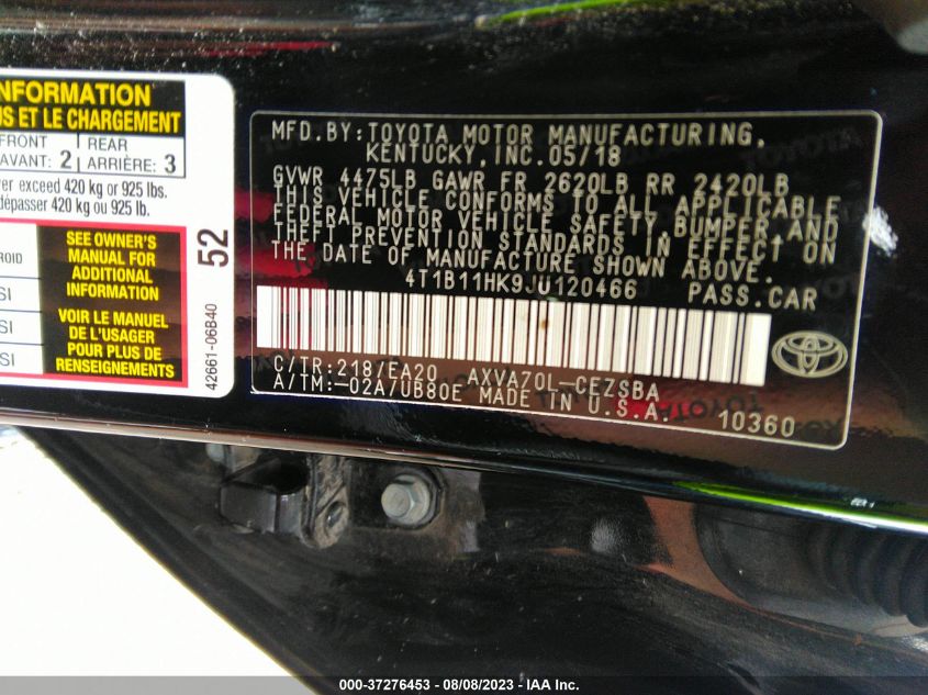 2018 TOYOTA CAMRY LE/SE/XLE/L - 4T1B11HK9JU120466