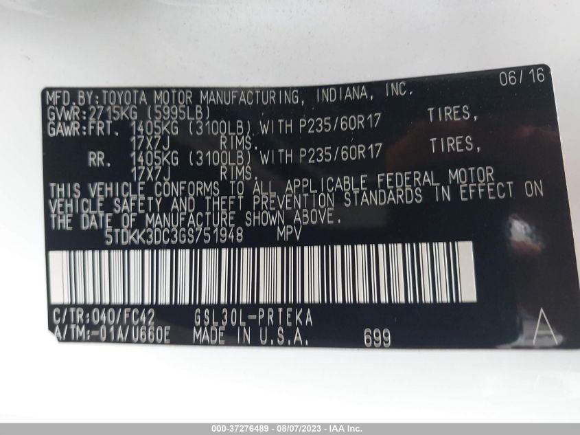 2016 TOYOTA SIENNA LE - 5TDKK3DC3GS751948