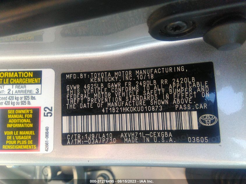 2019 TOYOTA CAMRY HYBRID - 4T1B21HK0KU010873
