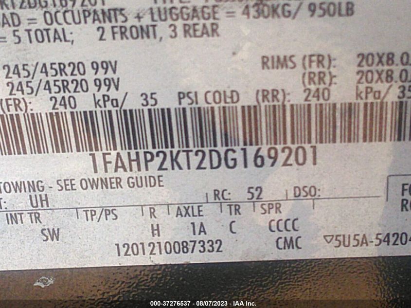2013 FORD TAURUS SHO - 1FAHP2KT2DG169201