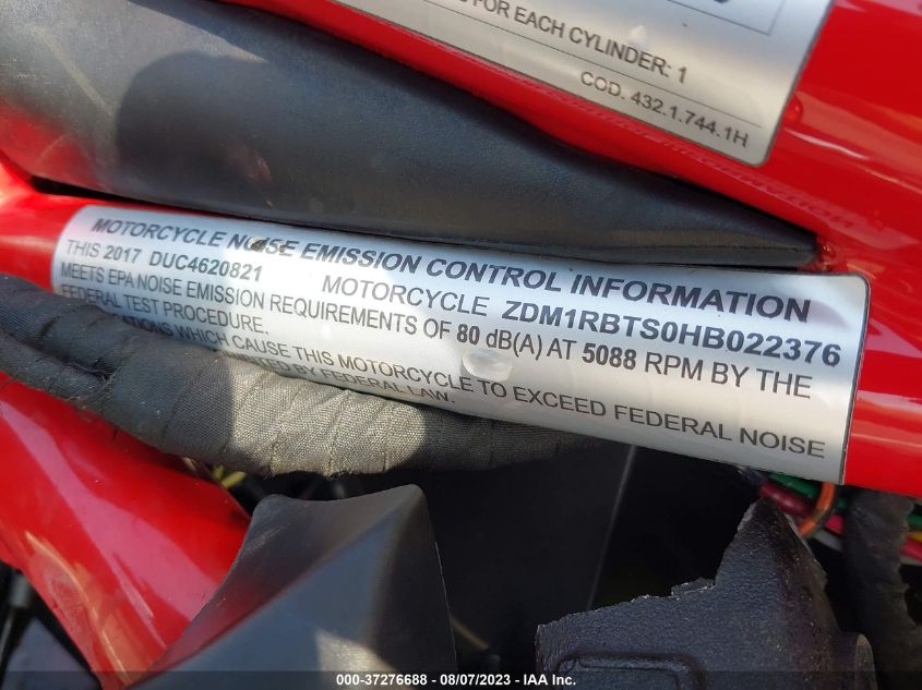 2017 DUCATI MONSTER 821 ZDM1RBTS0HB022376