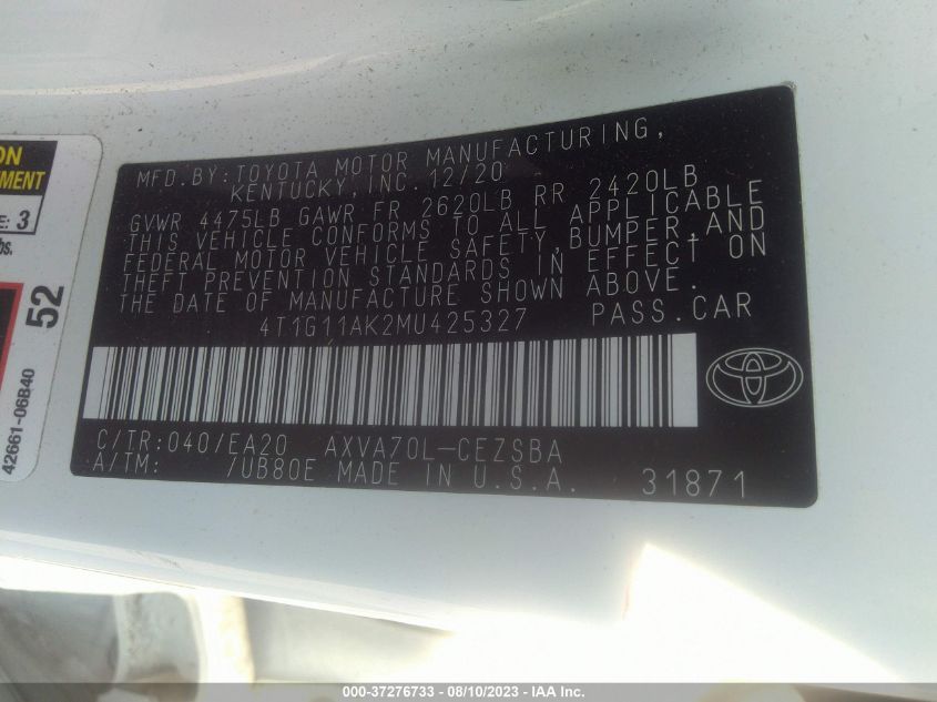 2021 TOYOTA CAMRY SE/SE NIGHT SHADE - 4T1G11AK2MU425327