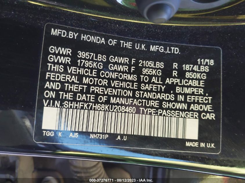 2019 HONDA CIVIC HATCHBACK EX - SHHFK7H68KU208460